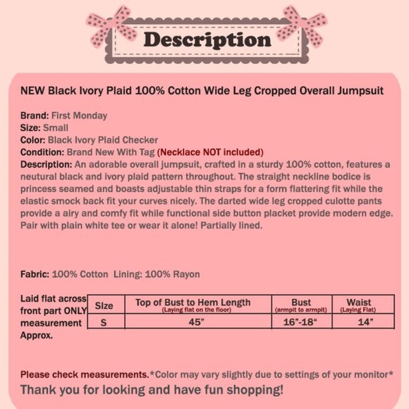 Plaid 100% Cotton Wide Leg Crop Overall Jumpsuit - Picture 8 of 8